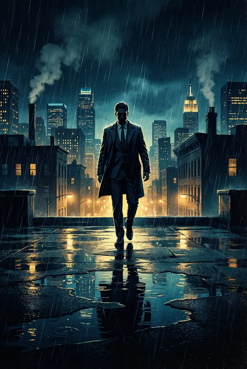 得得鲁将文化传承到底 出品影片《雨夜独行者》海报，雨中城市屋顶男性剪影